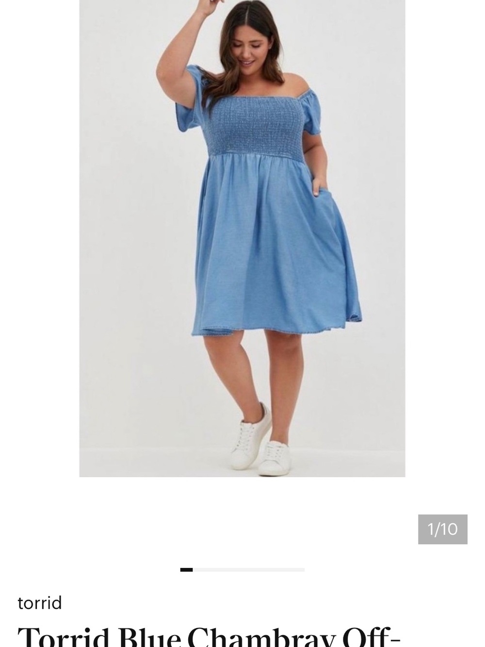 torrid Light Blue Chambray Off-Shoulder Smocked Dress with Pockets